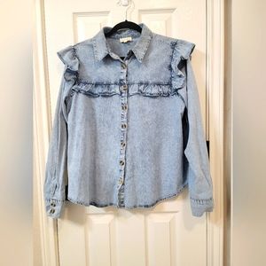 Aaron & Amber denim ruffle bugton down long sleeve size small